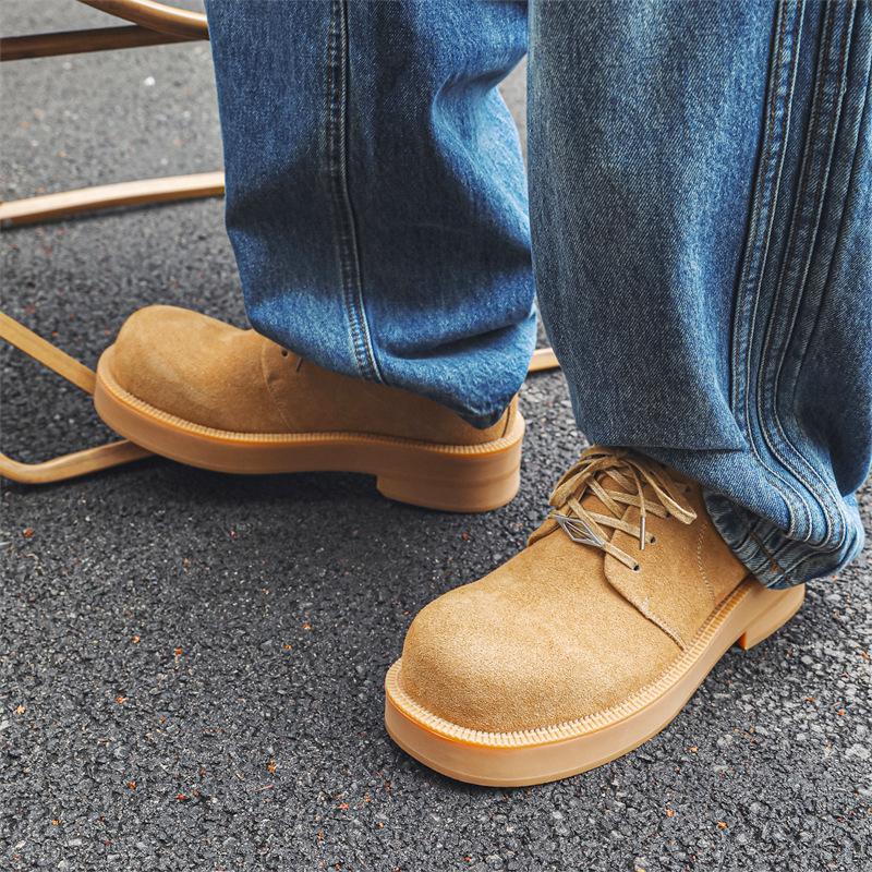 Derby Shoes Men's Spring Mickey Big Head Thick Sole Height Increase Low Top Round Head Fashion Leather Shoes-J