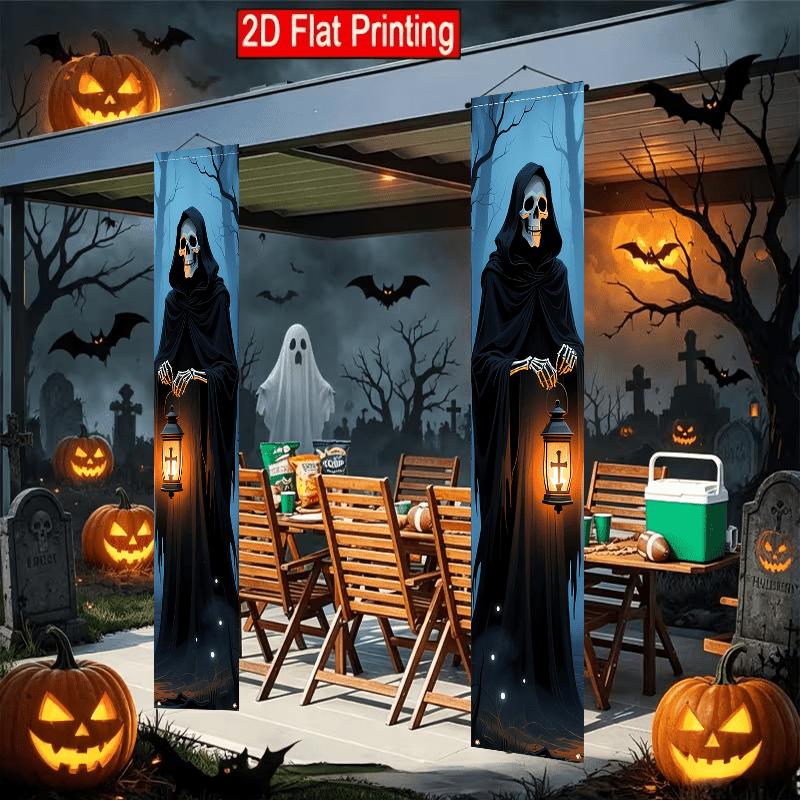 2D Flat, 2D Flat -2pcs of 2D Flat Dark Gothic Halloween Theme, 30.48X179.83 cm Polyester Door Couplet, Black Robe Death God Skull Design, Suitable for