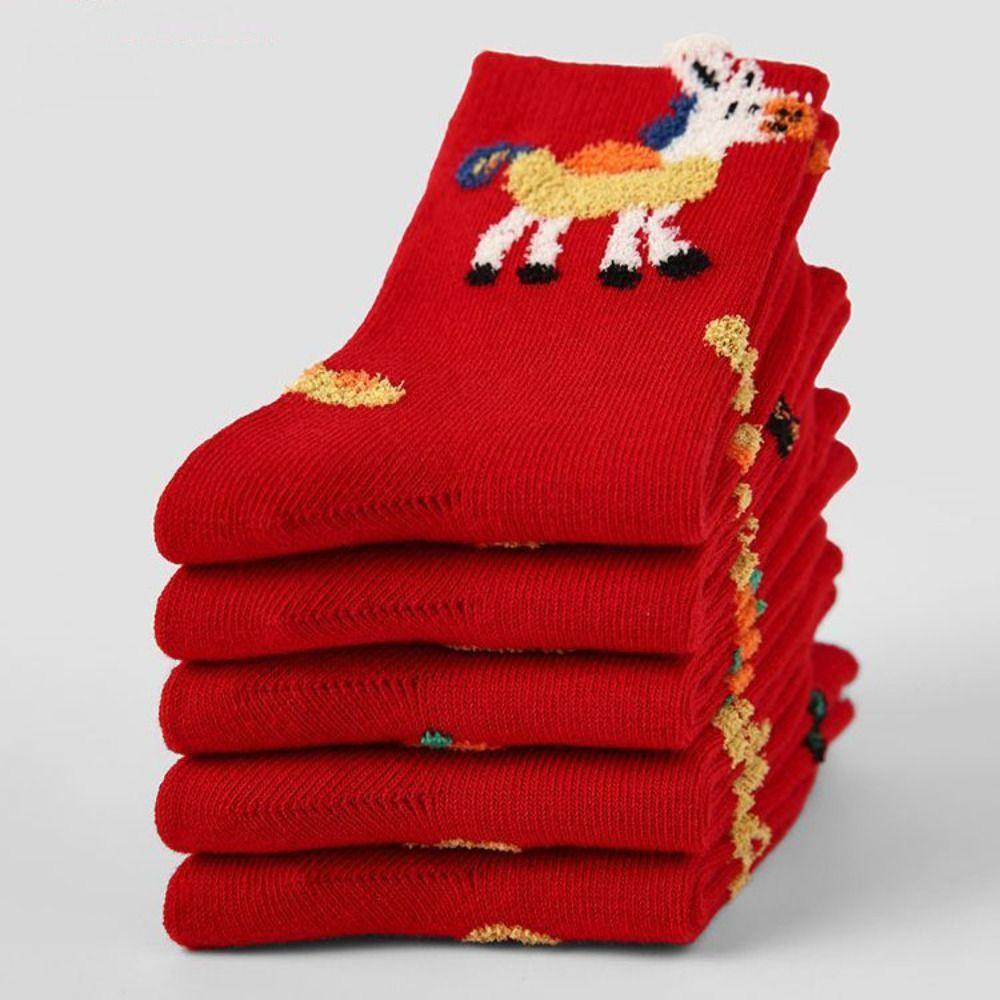 5Pairs Mid Tube Zodiac Horse Year Socks Good Luck Red Cotton Socks Chinese New Year Socks  Women