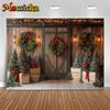 Mocsicka Christmas Wood Door Background Photography Room Wreath Tree Wall Backdrop Shooting Props Party Decoration Studio Banner