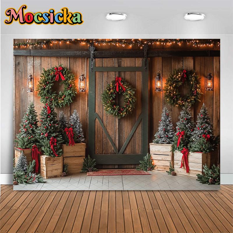 Mocsicka Christmas Wood Door Background Photography Room Wreath Tree Wall Backdrop Shooting Props Party Decoration Studio Banner