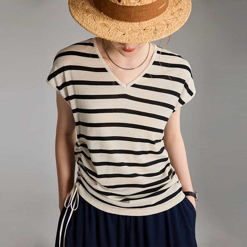 Women s Striped V-Neck Drawstring Knit Top with Flutter Sleeves S