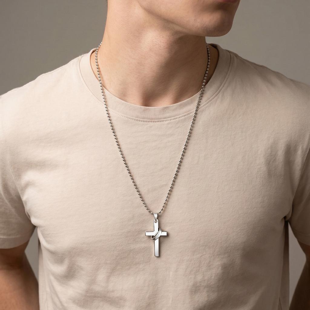 Xiaomi Vnox Geometric Cross Circle Pendant Necklaces for Men, Stainless Steel Black Silver Color, Layering Necklace for Goth Faith Gift