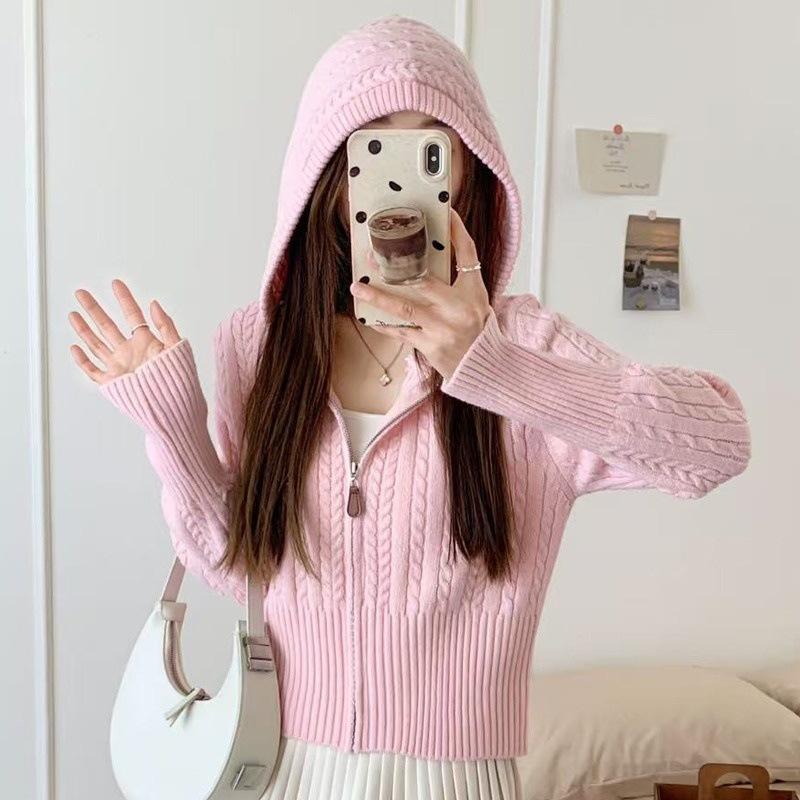 Twist Knitted Zipper Hooded Short Sweater Jacket Waist Slim and Thin Sweet Knitted Cardigan Women's Autumn