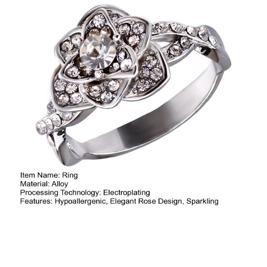 Women Rose Ring Cubic Zirconia Rose Ring Hypoallergenic Alloy Sparkling Flower Ring Jewelry