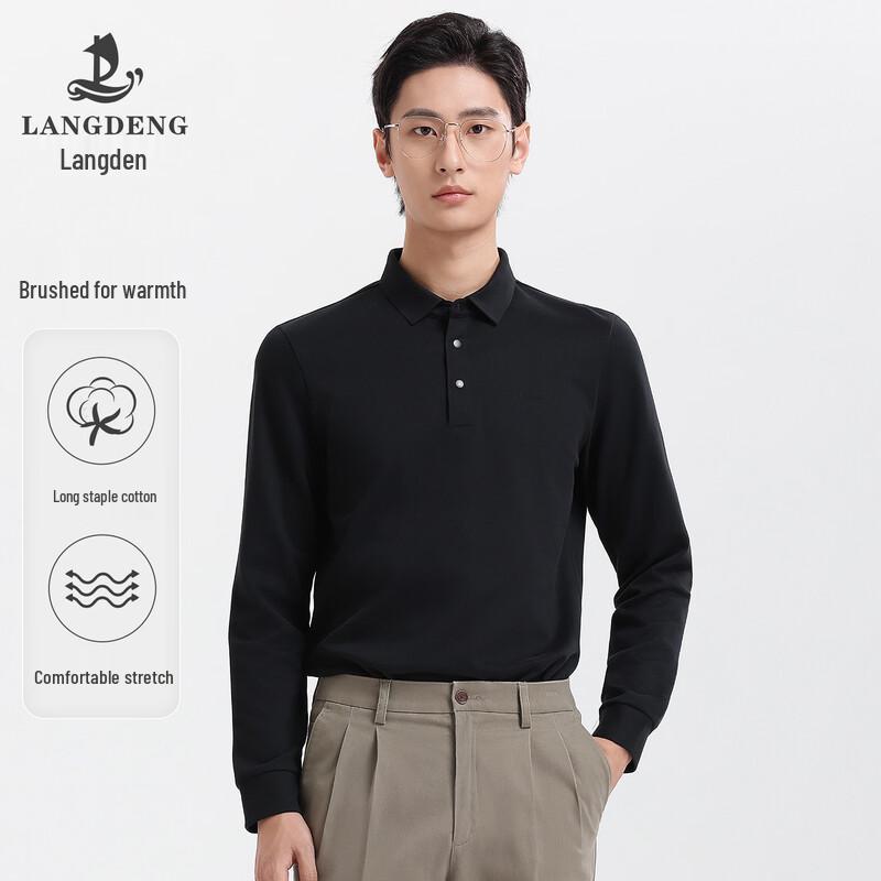 Langdeng Men's Elastic Brushed Long-Sleeve Polo Shirt