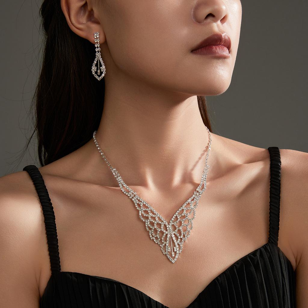 Shiny Full Diamond Flower Necklace Earrings Set Premium Sense Pieces Earrings Three-piece Set