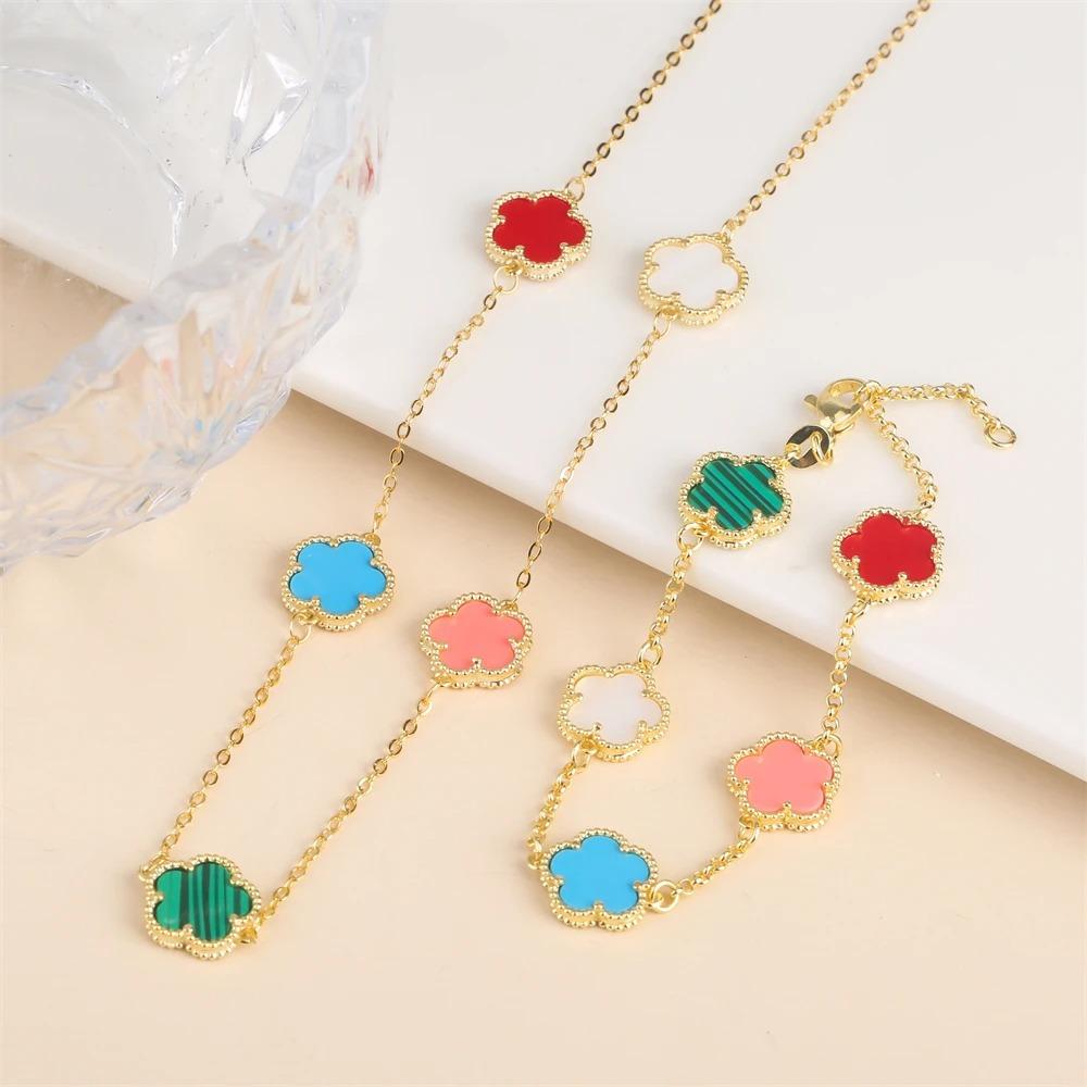 2024 Hot Sale 10 Colors Five-Leaf Flower Set Bracelet Necklace Classic Simple Women Zircon Set Suitable For Daily Party Wear