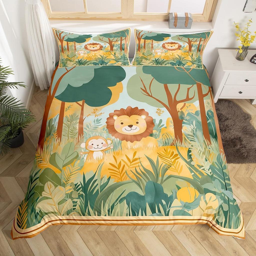 Cute Cartoon Animals Bedding Set TwinKawaii Elephant Lion Print Duvet Cover for Kids Boys Bedroom DecorBoho Trees Quilt Cover