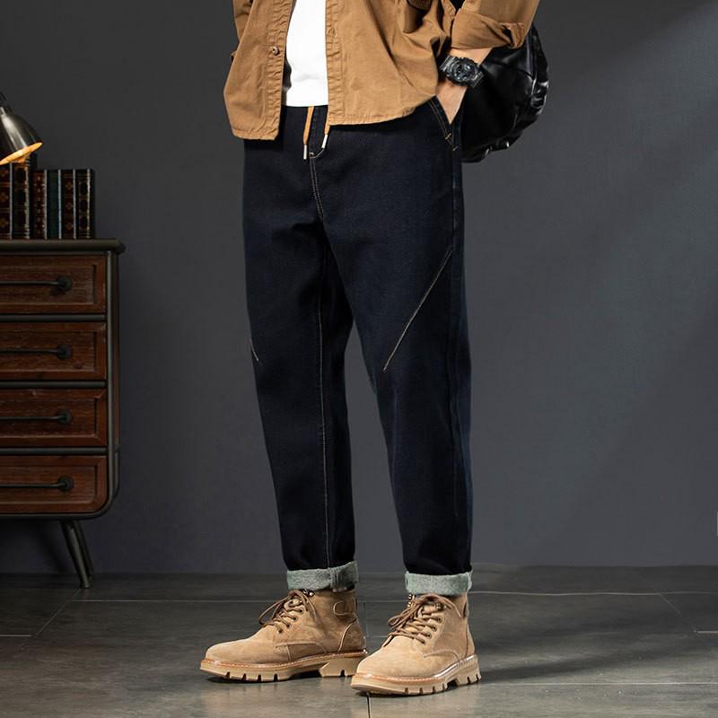 Men's Large Plus Velvet Elastic Waist Harem Jeans - Loose Fit, Thick, Warm Winter Trousers