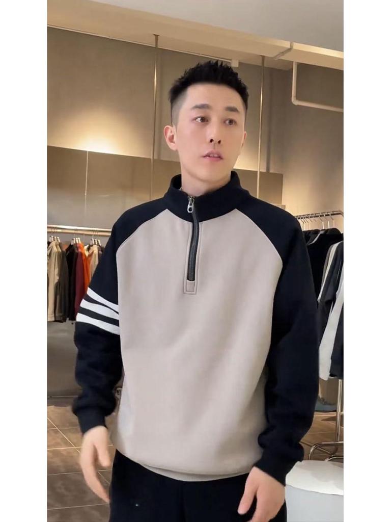 Men's Color Block Half-Zip Stand Collar Raglan Hoodie – Autumn/Winter Collection