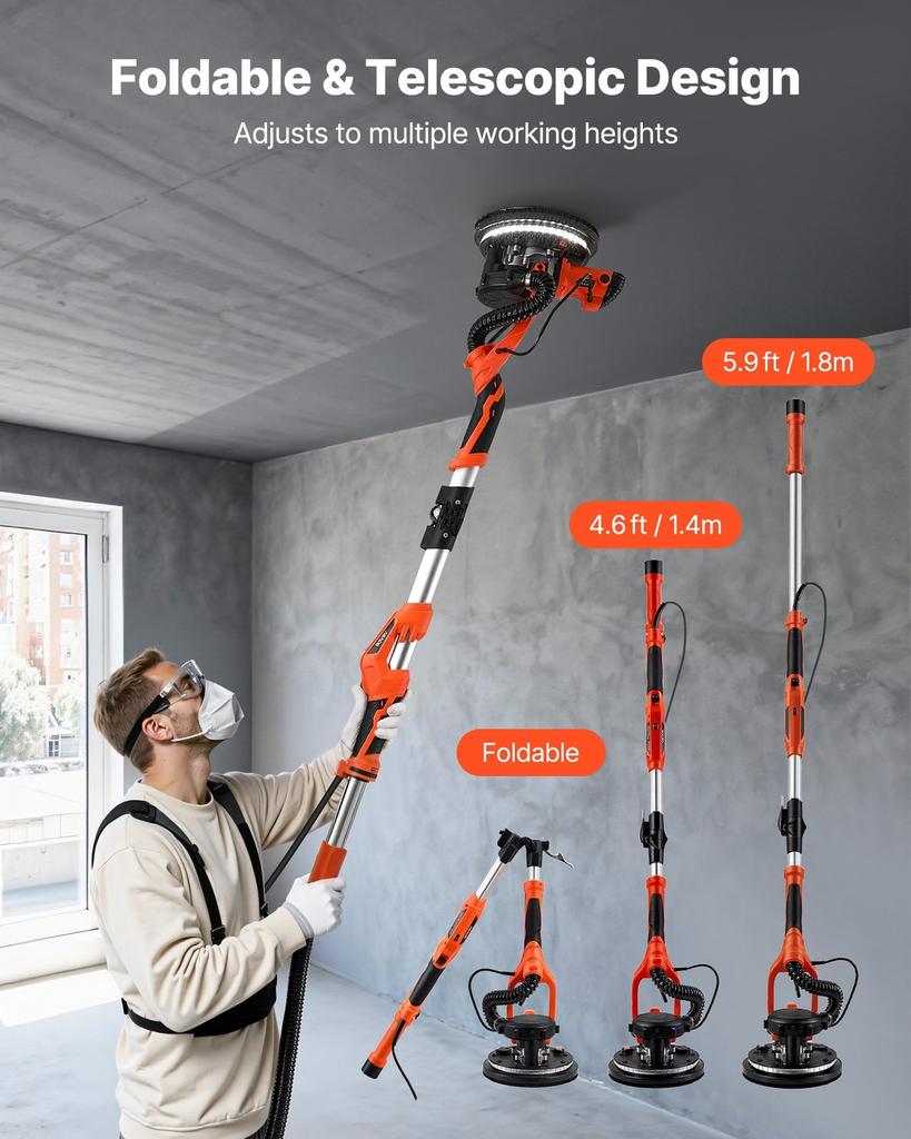 Drywall Sander, 1150W Electric Drywall Sander, Popcorn Ceiling Removal Tool with Vacuum Dust Collection, 5 Variable Speed 800-1700 RPM, LED Light,