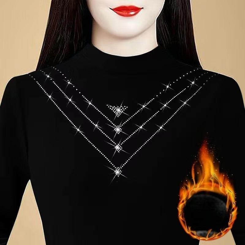 Women's Double-Sided Velvet Base Shirt  Autumn Winter Semi-Turtleneck Long Sleeve T-Shirt Slim Fit Rhinestone Warm Base Shirt