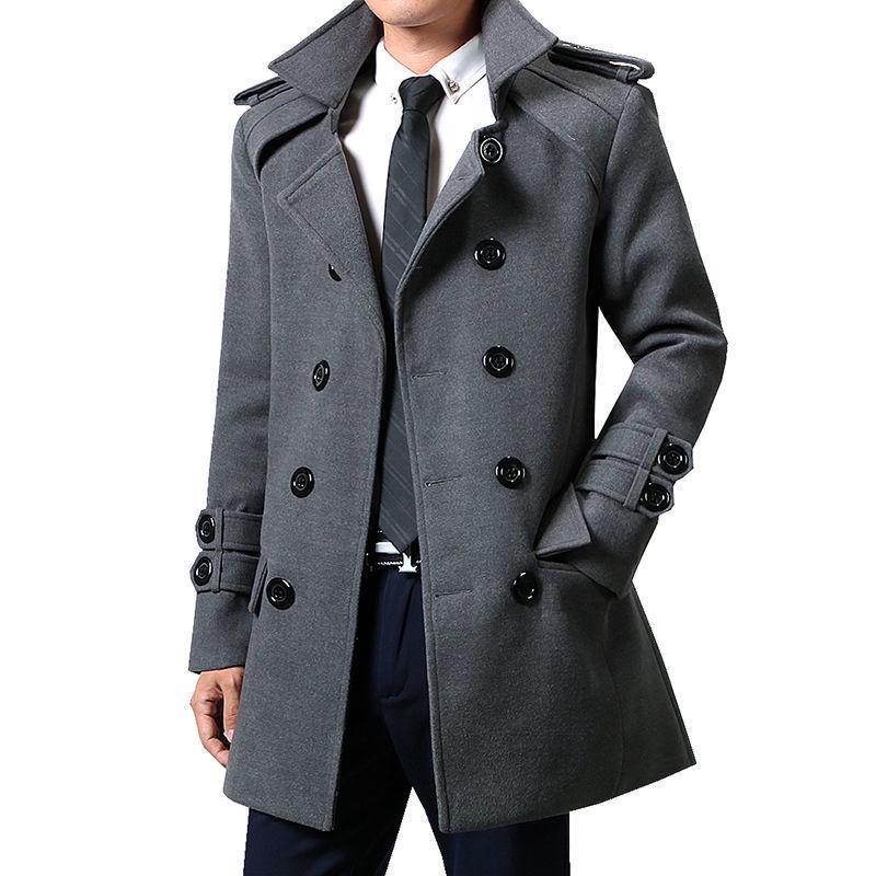 Men's Mid-Length Woolen Double-Breasted Windbreaker with Velvet Lining - Autumn/Winter 2021 Trend