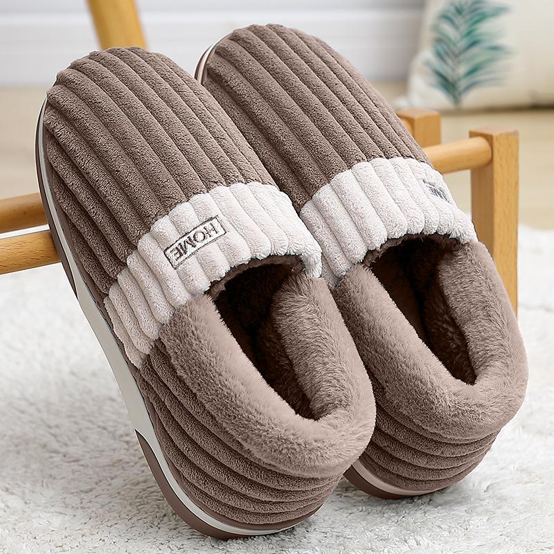 Fashion Crestar Winter Warm Cotton Slippers For Women Indoor Home Anti-slip Wear-resistant Furry Shoes Couple Simple Striped Plush Shoes