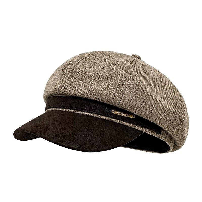 British Style Splicing Striped Octagonal Hat Female Face Small Big Head Circumference Beret Versatile Fashion Newsboy Painter Hat