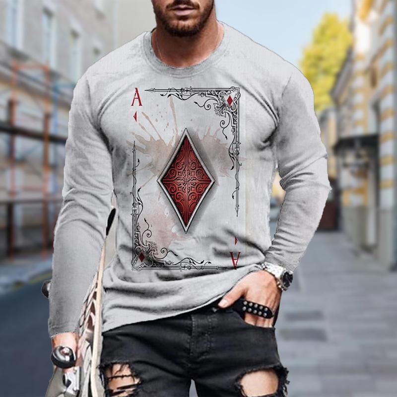 New 3D Central Poker Print Mens Tshirts Long Sleeve Tees Round Neck Casual Pullover Mens Clothing Plus Size