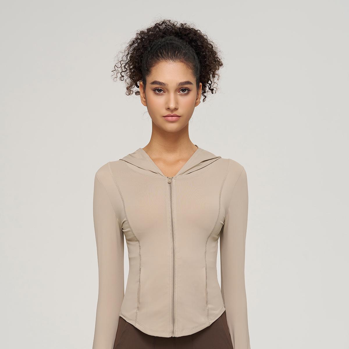 

Женская толстовка с капюшоном для йоги - Быстросохнущая, дышащая, ощущение обнаженности, фитнес-топ с длинным рукавом Milk Tea Khaki