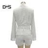 Women's Summer Eyelet Two Piece Outfit Long Sleeve Button Down Shirt with High Waist Shorts Casual Lounge Matching Suit