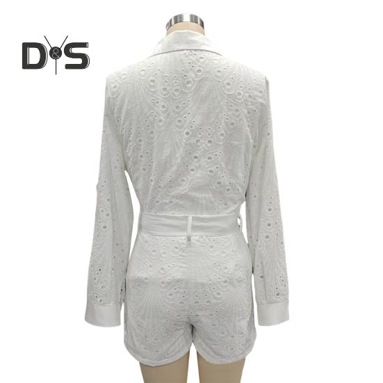 Women's Summer Eyelet Two Piece Outfit Long Sleeve Button Down Shirt with High Waist Shorts Casual Lounge Matching Suit