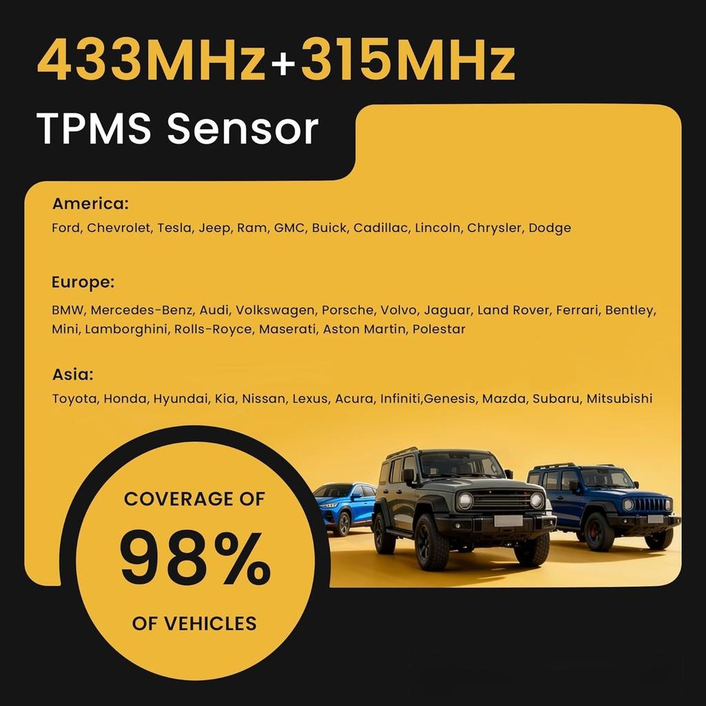 Universal TPMS Sensor 315MHz+433MHz, Tire Pressure Monitoring Sensor Programmable Compatible with TPMS Tool TS408 TS508, Replaceable Metal Valve Stem