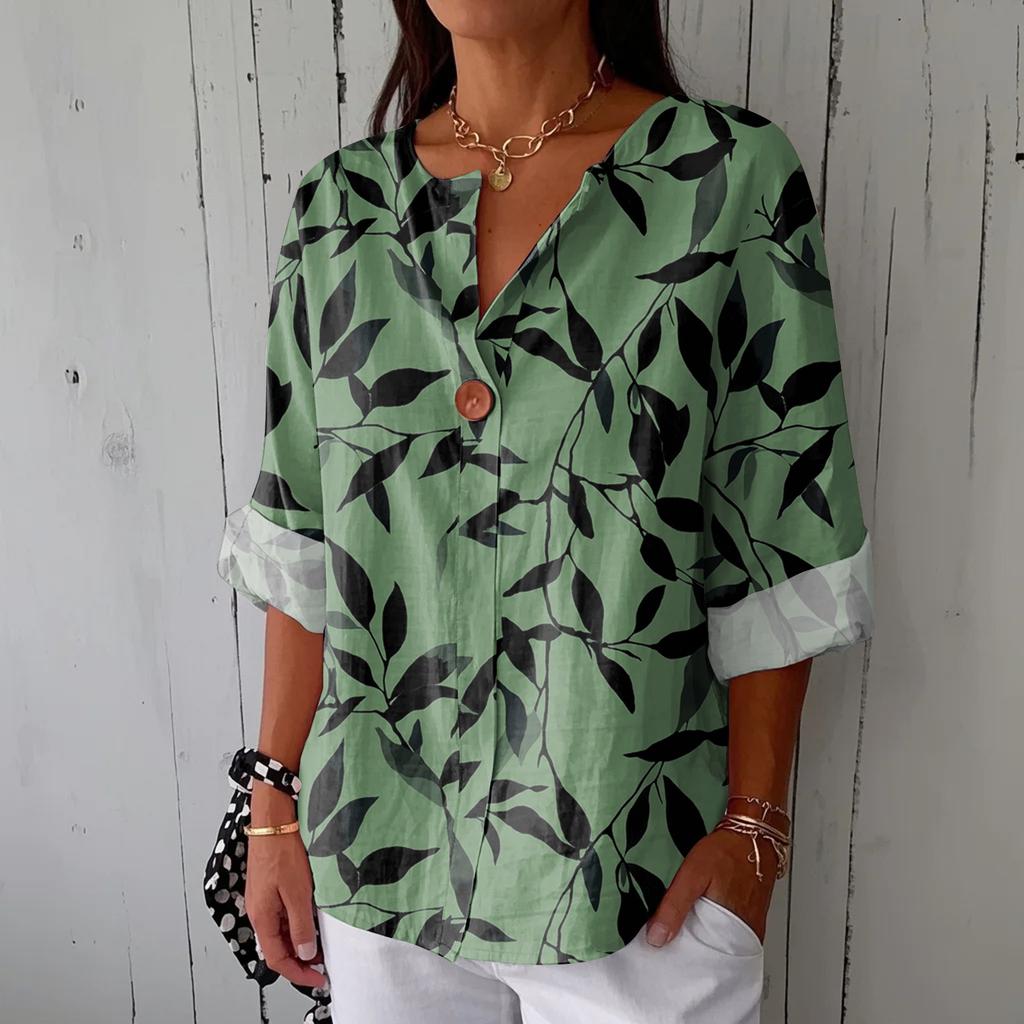 Women's Fashionable Casual V-neck Button Seven Quarter Sleeve Printed Cotton And Linen Top
