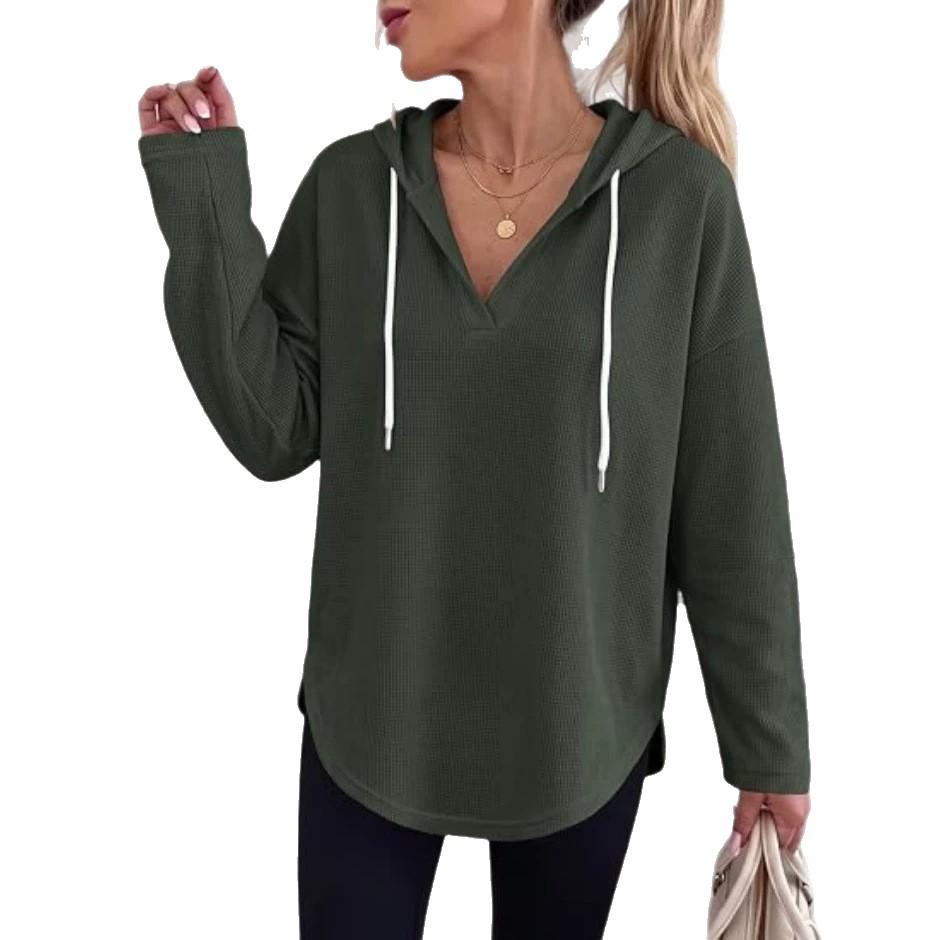 Women's Waffle Knit Long Sleeve V-Neck Solid Hooded Sweatshirt - Autumn/Winter 2026 Collection