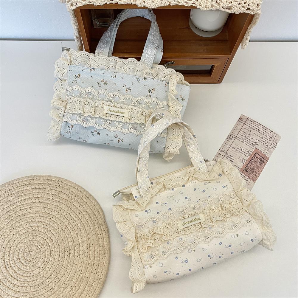 Lace Retro Flower Women's Canvas Shoulder Bags Vintage Floral Female Small Tote Bento Handbags Sweet College Girls Shopper Bag