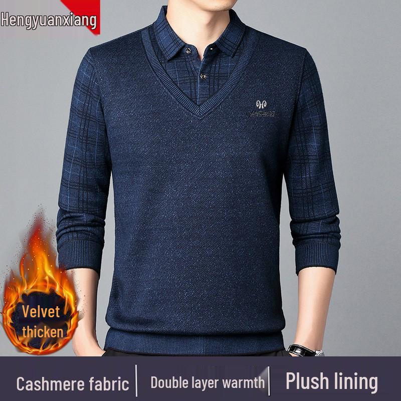 Hengyuanxiang Men's Pure Cashmere Two-Piece Look Thickened Winter Sweater