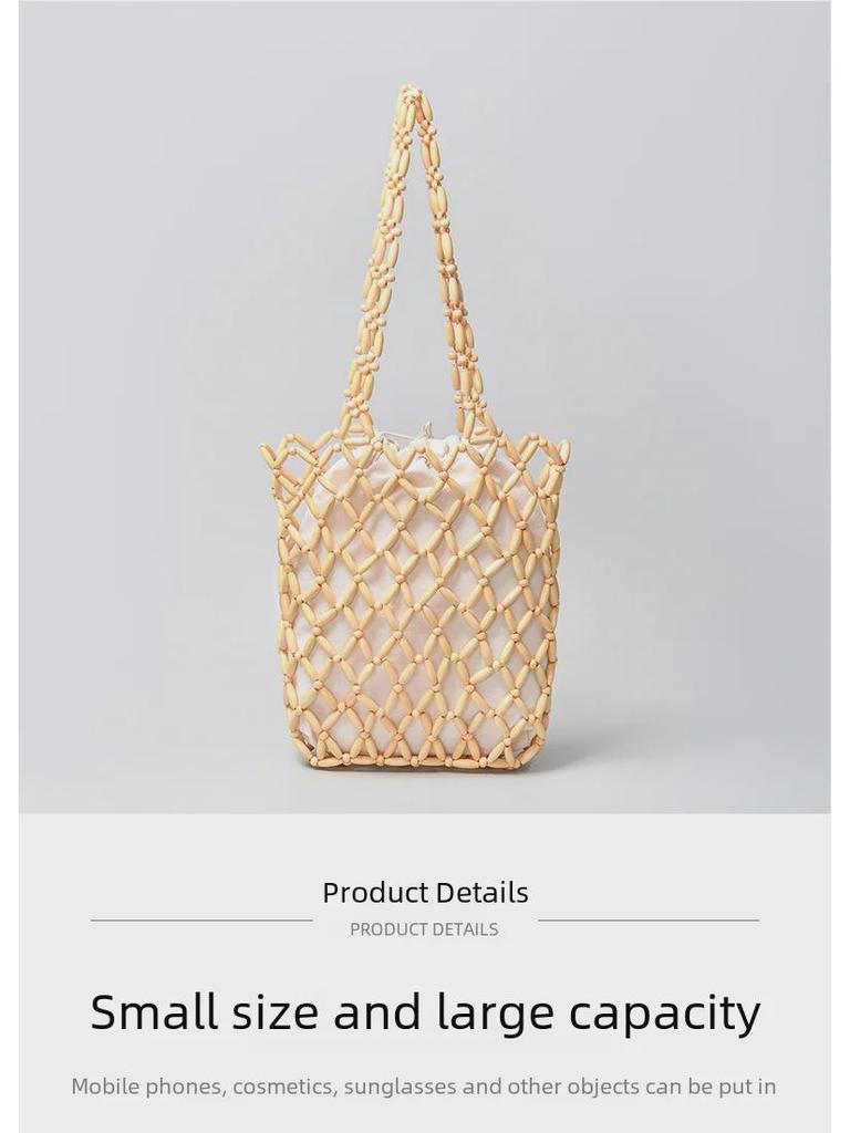 ENSPT Handwoven Wooden Bead Shoulder Bag - Women's Summer Niche Design