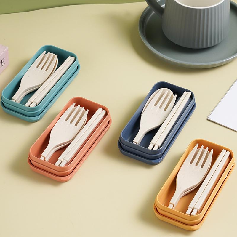 Japanese-Style Wheat Straw Cutlery Set Knife Fork Spoon Chopsticks - Three-Piece Folding Portable Cutlery