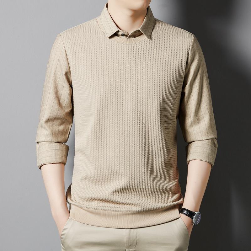 Fake Two-Piece Long-Sleeved Sweater Men's Undershirt New Knitwear Top Autumn and Winter Thickening Sweater