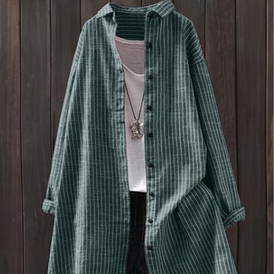 Women's   Striped Shirt Mid-length Long-sleeved Plus Size Pocket Top