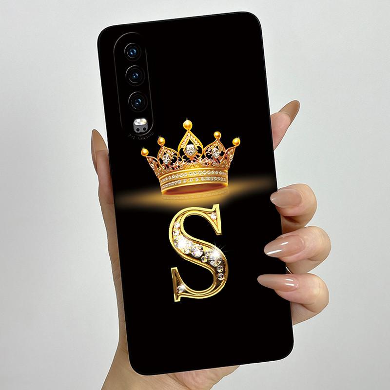 Back Cover For Huawei P30 ELE-L29 P 30 Pro VOG-L29 Crown Initial Letter Phone Case Liquid Soft Silicone Lens Protective Casing