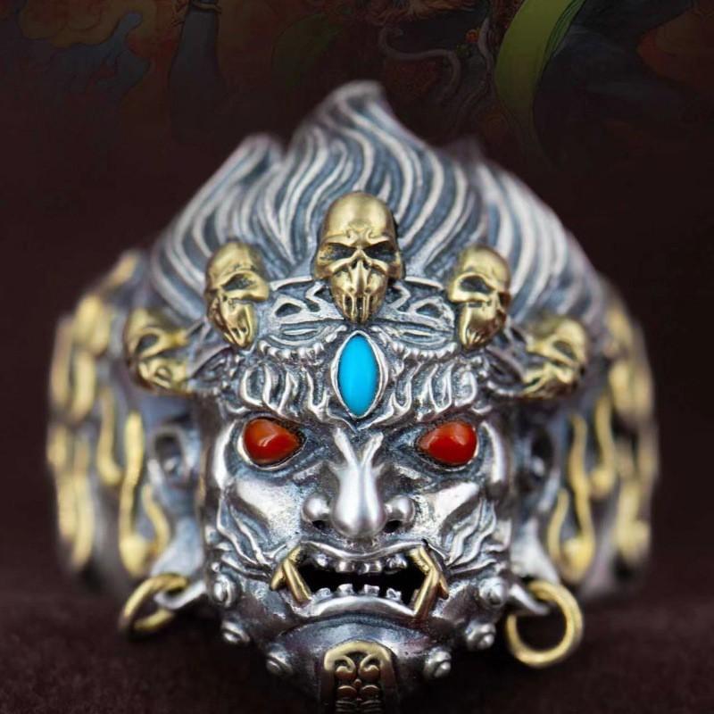 Hand Carved Adjustable Open Ring With Mahakala Totem Design Men Women Vintage Ethnic Style Plated Jewelry
