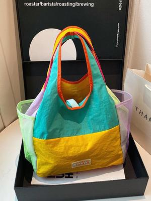2025 Farbblock Faltbare Nylon-Tragetasche: Leichte lässige Einkaufs- & Schultertasche