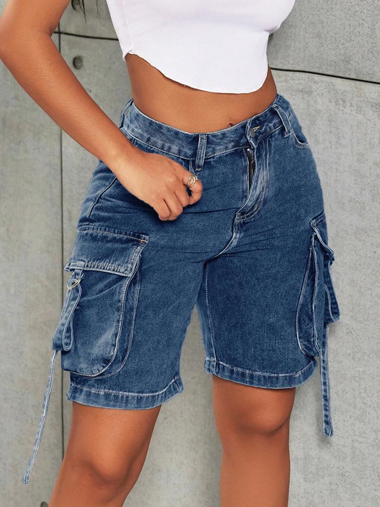 Rose Beauty A Y2K Street High Waist Flap Pocket Tape Detail Work Cargo Denim Bermuda Wide Leg Jean Shorts Summer Comfy Trendy Jorts