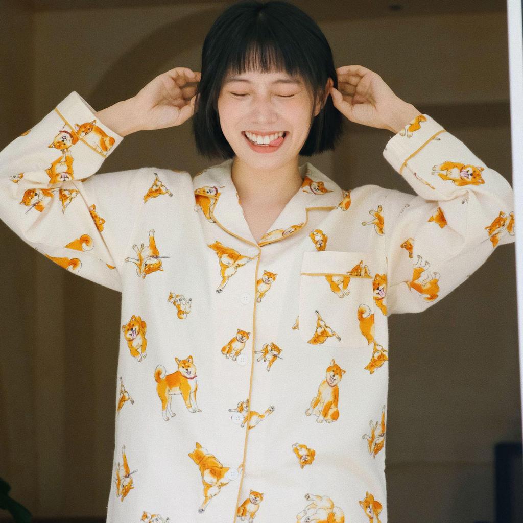 Women's Brushed Cotton French Pajamas - Comfy, Loose-Fit Long Sleeve Set for Spring & Autumn