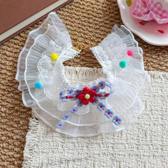 1 Set Cute Flower Cat Outfit Straw Sun Hat And Lace Ruffled Cat Bandana Bib Sweet Pet Accessory with Colorful Pom-Poms for Cats Dogs Photos Parties