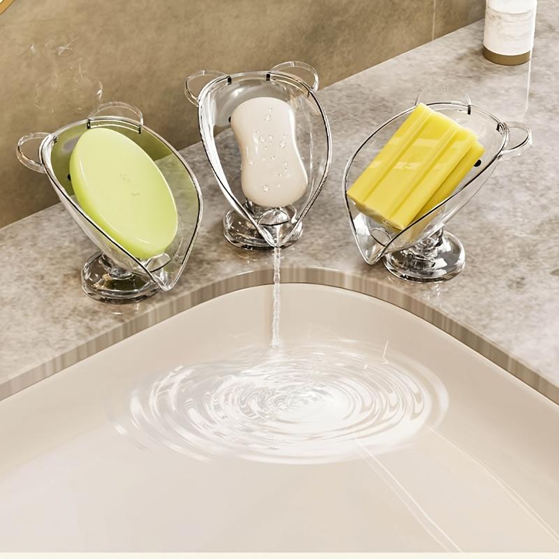 [Clear Plastic Soap Dish] Adhesive-Free Clear Plastic Oval Soap Dish with Suction Cup and Drainage Hole | Cartoon Bear Design,No-Drill Soap Holder