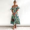 Women's Summer Strapless Print Pleated Dress Short Sleeve Ankle Length Fashion