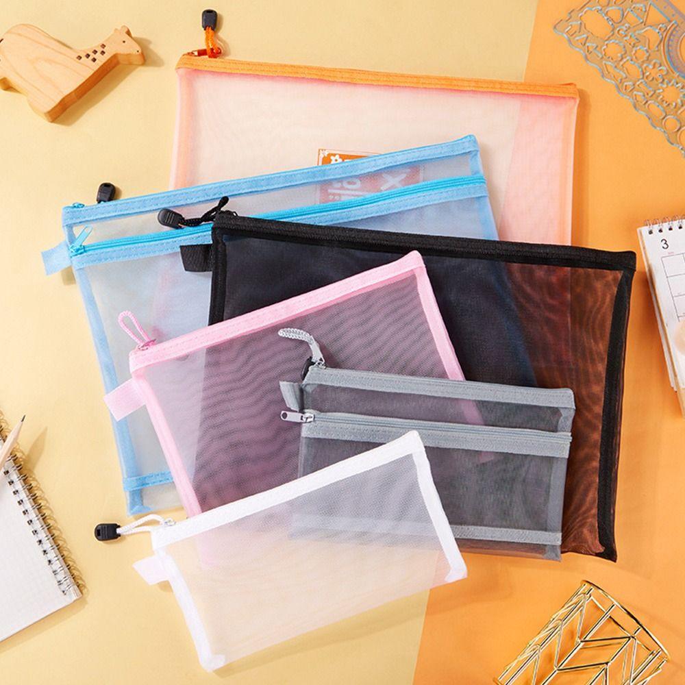 Large Capacity Zipper Pencil Case with Zipper Double Pocket Simple Transparent Mesh File Folder
