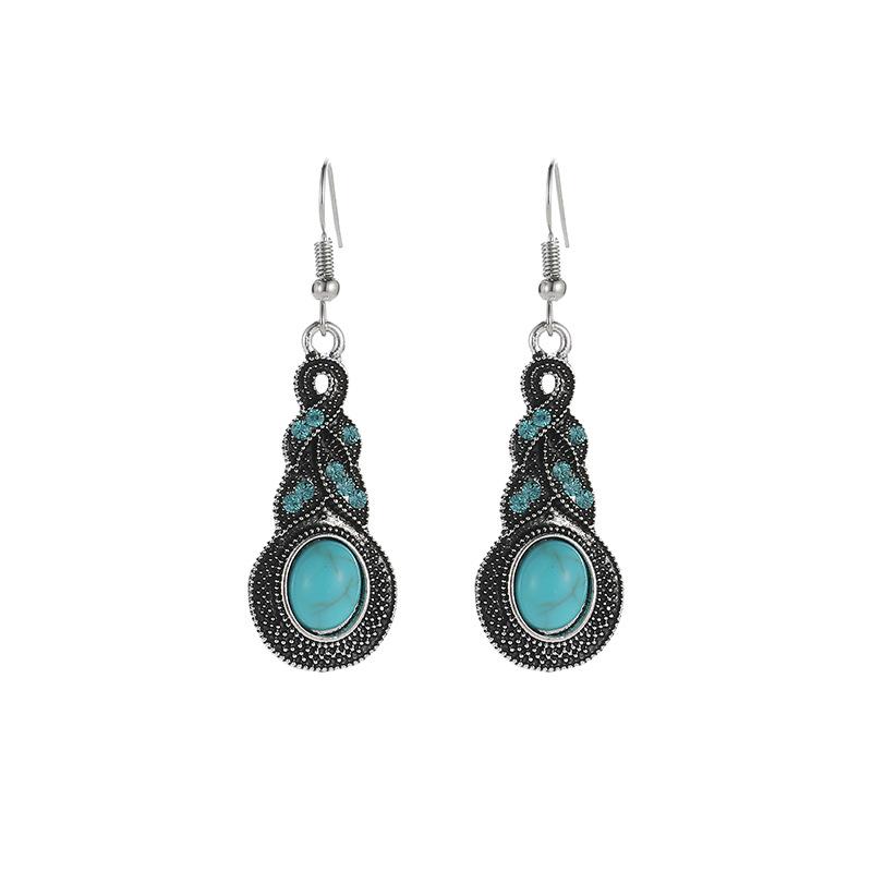 European And American New Drop Set Retro Pattern Blue Crystal Jewelry Zircon Boho Party Set Necklace Earrings