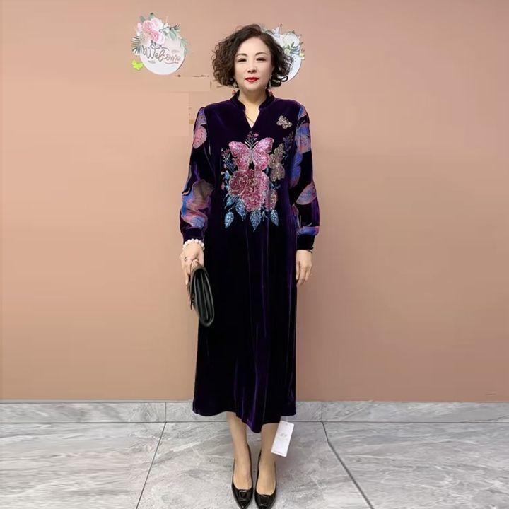 High-end Women's Velvet Dress Plus Size Long Dress Rhinestone Printed Loose Flocked A-Line Dress Spring Autumn