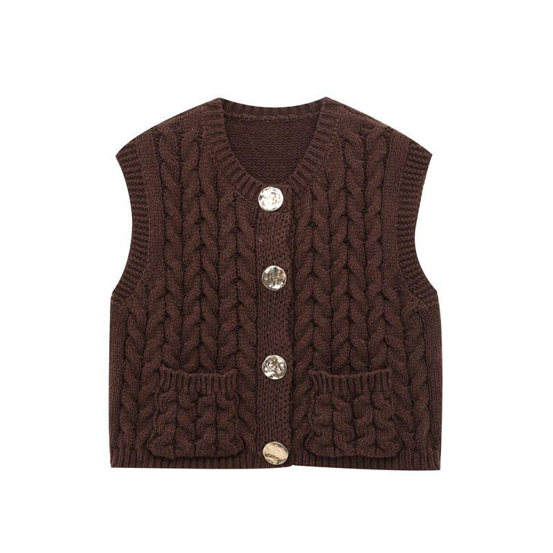 Kaslead New Women Clothes Western Style Fashion Simple and Versatile Twist Gold Button Thick Needle Vest