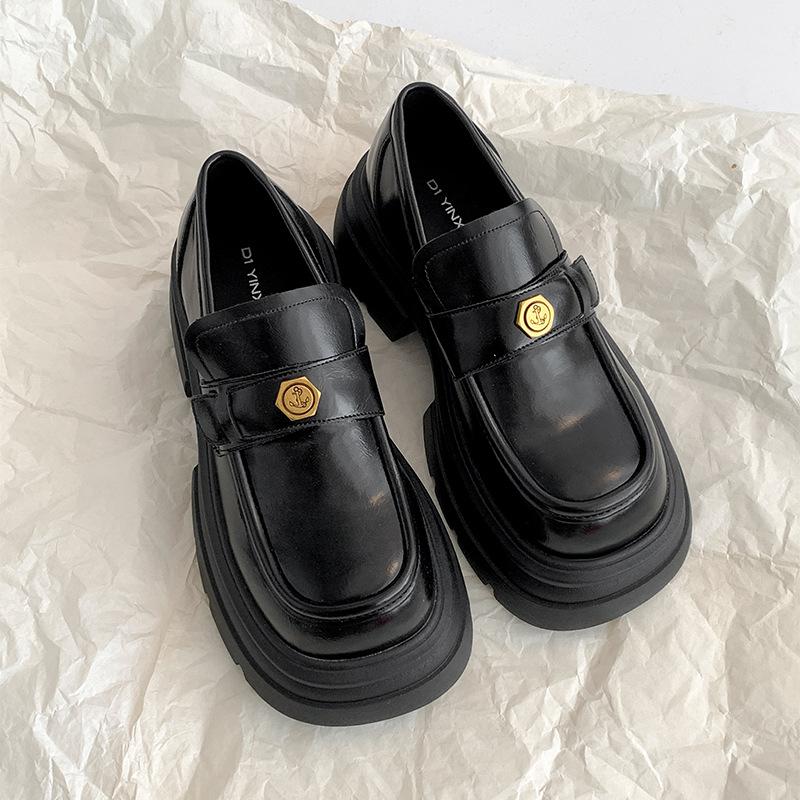Fashion commuter black retro thick heel platform small leather shoes women's 2025 new autumn and winter one-pedal French loafers