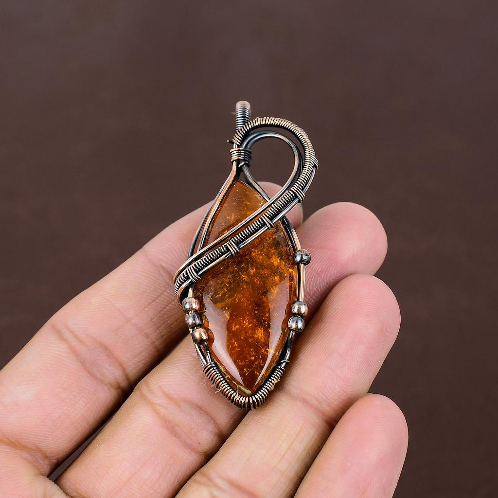Natural Baltic Amber Gemstone Handmade Copper Wire Wrap Pendant 2.76" y5K07