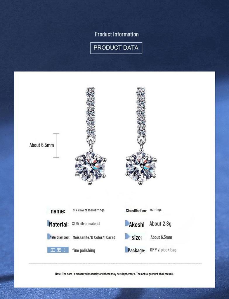 Sterling Silver s925 Moissanite Stud Earrings with Round Tassel Pavé - European & American Style for Men & Women