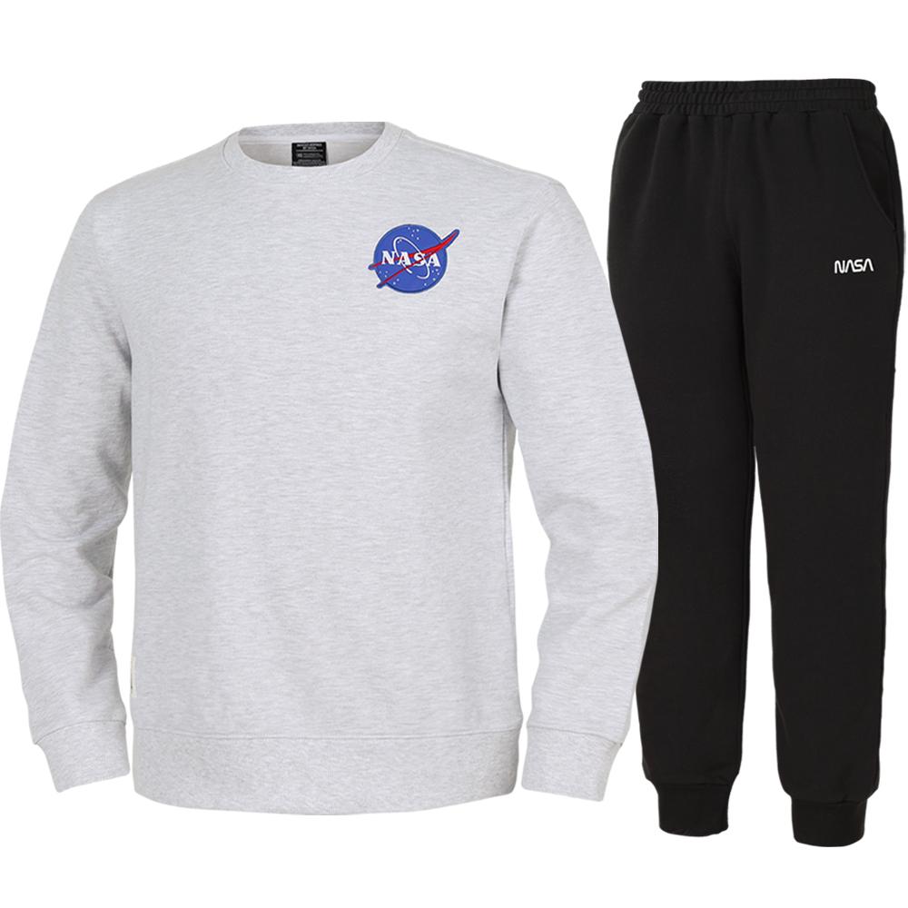 Унисекс Свободная Толстовка NASA с нашивкой + Комплект Брюк-Джоггеров [Меланжевый Белый + Черный] 95
