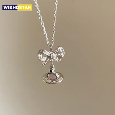 Elegant Cat's Eye Stone Planet Butterfly Knot Pendant Necklace Women's Simple Personality Fashion Versatile Choker Necklace